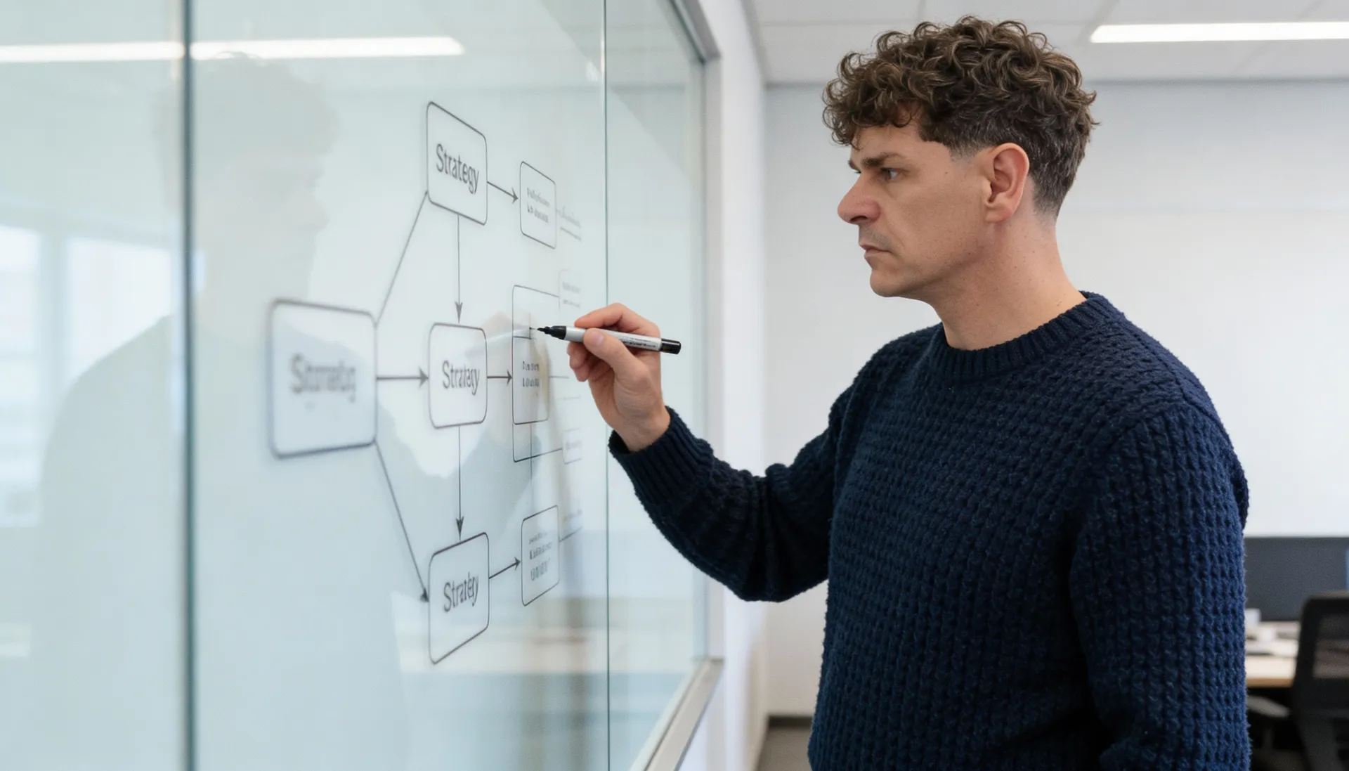 James Watkins mapping a strategy at a whiteboard