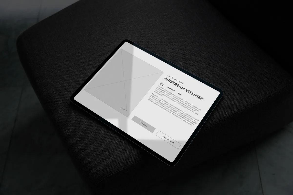 phs Group product page wireframe on tablet